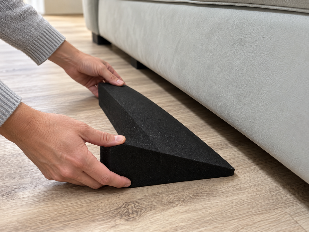 Illustration showing the low edge of a TuckStop section sliding beneath a sofa.