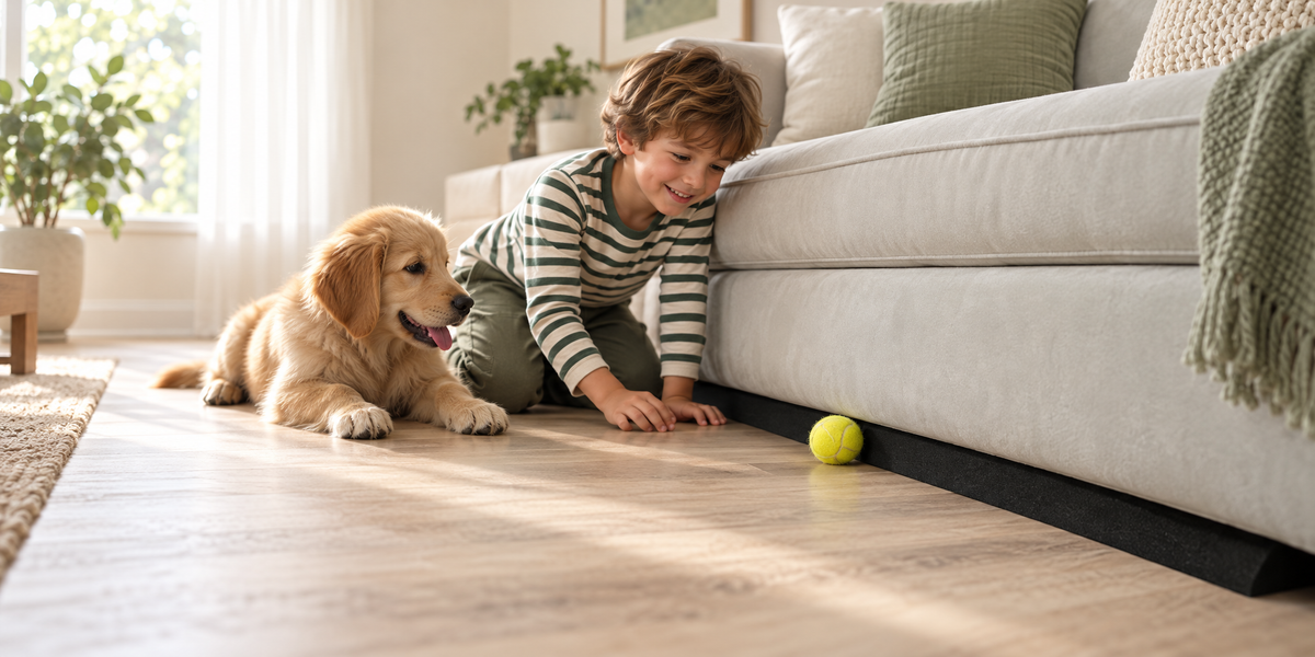 Illustrative lifestyle scene showing a TuckStop barrier beneath a sofa.